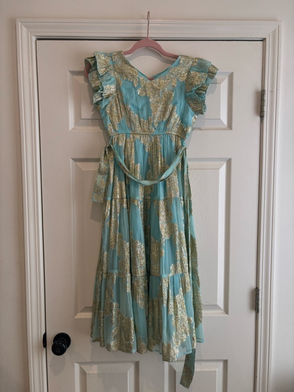 Girls Aqua and Gold Metallic Ruffle Sleeve Dress
